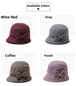 Detail view of winter wool cloche hats in burgundy, grey, coffee and purple with bow accents