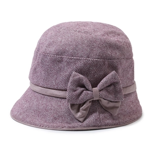 Elegant purple wool herringbone cloche hat for women with a delicate bow decoration
