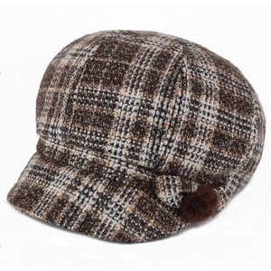 Women's padded octagonal newsboy hat in brown plaid wool with side fur ball and bow