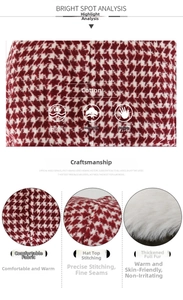 Detail of red houndstooth cotton trapper hat with thick white fleece lining and stitching
