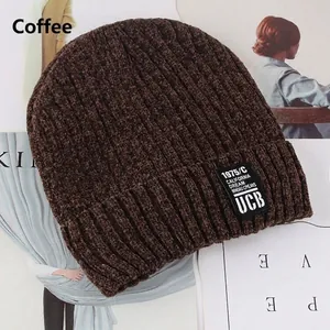 Detailed knit texture of coffee brown winter beanie with vintage California woven label