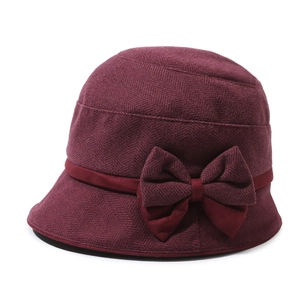 Women Elegant Vintage Polyester Cloche Bucket Hat Herringbone Pattern Warm Bow Winter Autumn Outdoor Daily Fashion Fisherman Hat