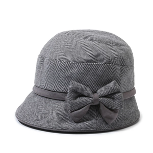 Elegant dark grey herringbone wool bucket hat for women with a vintage bow decoration