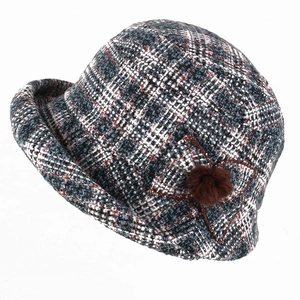 Chapeau cloche d'hiver pour femme en tweed à carreaux avec nœud et pompon doux