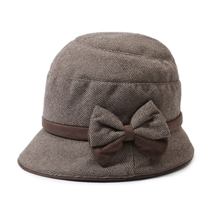 Elegant brown herringbone wool cloche hat with a large decorative bow for women