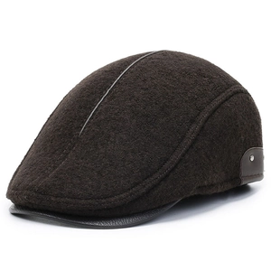 Men's wool winter ivy cap with ear flaps and leather trim in dark coffee brown color