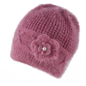 Fuchsia winter knit hat with 3D floral accent and faux pearl detail for women