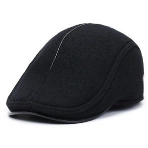 Men's winter flat cap in black wool with faux leather brim and warm ear flaps