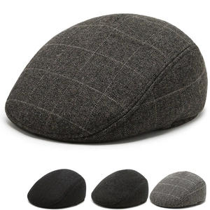 Men's Vintage Flat Cap Autumn Winter Warm Ivy Cap Herringbone Checkered Pattern Newsboy Hat With Ear Protection For Men