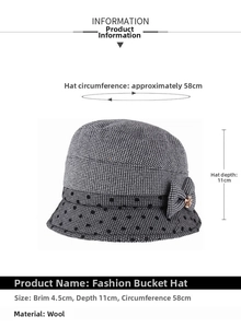 Size information for gray wool cloche hat showing 4.5cm brim and 58cm circumference