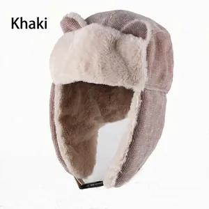 Winter khaki corduroy trapper hat with cute bear ears and plush fleece lining for warmth