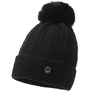 Schwarze Damen-Strickmütze mit Pompon und Smiley-Metallabzeichen für den Winter