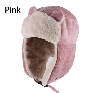 Pink winter trapper hat with corduroy fabric and cute animal ears for cold weather