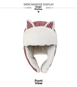 Front view of red houndstooth corduroy trapper hat with white faux fur and cat ears