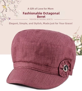 Detail view of pink octagonal beret hat featuring fabric flower and metallic button decor