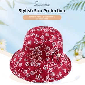 Detail of red floral sun hat with side pearl flower bow decoration for summer travel