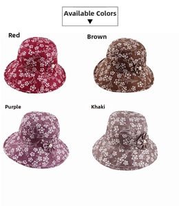 Floral print sun hats for women in red, brown, purple and khaki with pearl flower detail