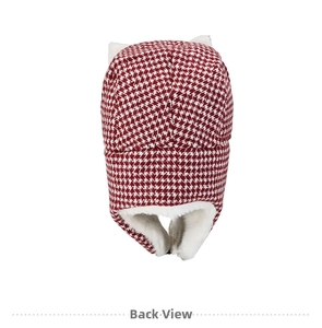 Back view of winter trapper hat with red houndstooth pattern and soft faux fur lining