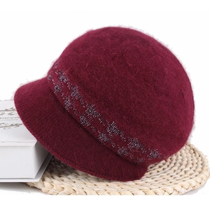 Women Winter Warm Knitted Beanie Hat Thickened Plush Bucket Hat With Printed Decorative Band Elegant Outdoor Headwear