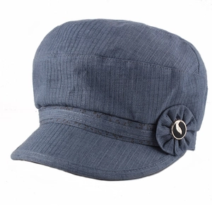 Blue-grey newsboy hat for women featuring side fabric flower and metallic button decor