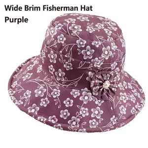 Purple floral wide brim fisherman hat with pearl flower accent for women's sun protection