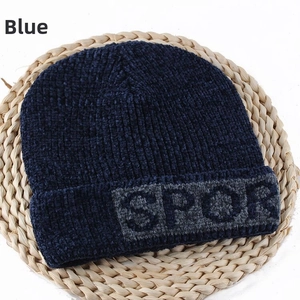 Close-up of navy blue winter beanie with fleece lining and SPORT letter embroidery