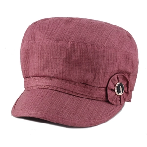 Women's burgundy octagonal newsboy hat with floral band and metal button detail