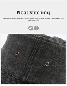 Detail of dark grey sun hat featuring double stitching and brass ventilation eyelets