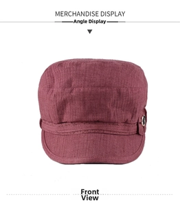 Detailed front view of a wine red flat top military hat with metal button decoration