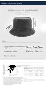 Detailed size chart for washed cotton bucket hat showing head circumference measurements
