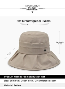 Detailed sizing chart for women's cotton bucket hat showing brim and depth measurements