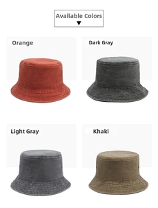Detail view of bucket hats in orange, dark grey, light grey, and khaki colors