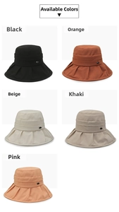 Collage of five cotton sun hats in black, orange, beige, khaki, and pink colors