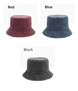 Detail of washed cotton bucket hats in red, blue, and black with breathable side eyelets