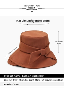 Detailed size measurement of a solid cotton bucket hat with a stylish bow tie accent