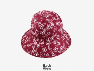 Back view of vintage dark red floral bucket hat showing detailed cotton canvas stitching
