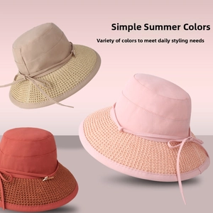 Three summer sun hats with woven straw brims and elegant bow details in various colors