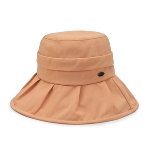 Foldable apricot wide brim sun hat with pleated details and breathable fabric for women