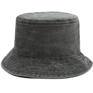 Detail view of washed cotton bucket hat with metal eyelets and vintage gray texture