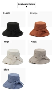 Selection of wide brim sun hats with bow decor in black, orange, beige, khaki and blue
