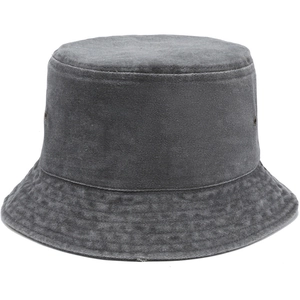 Detail of dark grey washed cotton bucket hat showing reinforced stitching and metal eyelets