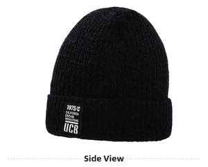 Close-up of black ribbed knit beanie featuring 1975 California Dream logo patch