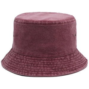 Foldable solid burgundy washed denim bucket hat with metal eyelets and stitched brim