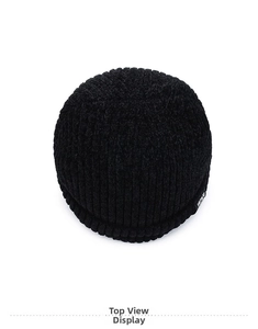 Detail view of black ribbed knit winter beanie with 1975 fleece lining and thick texture