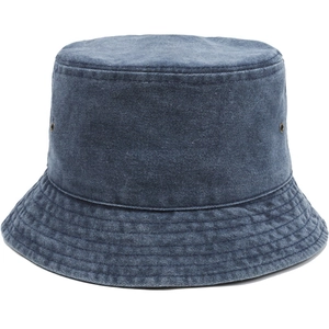 Classic dark blue washed denim bucket hat with metal eyelets and a wide stitched brim