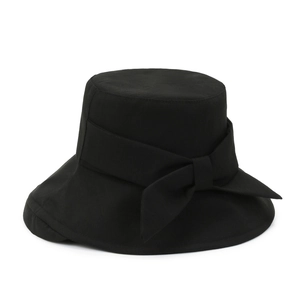 Women's black bucket hat with wide brim and elegant side bow decoration for sun protection