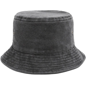 Detailed close-up of washed denim bucket hat with parallel stitching and metal eyelets