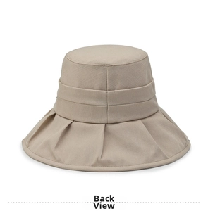 Detailed back view of a beige foldable cotton sun hat with pleated brim and decorative band
