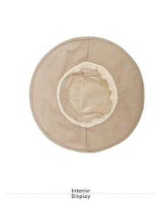Detail view of khaki sun hat interior with neat stitching and adjustable windproof rope