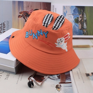Kids Cartoon Bunny Bucket Hat With 3D Ears And Windproof Rope Sun Protection Polyester Fisherman Hat For Outdoor Beach Travel
